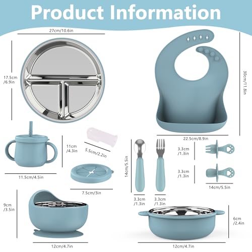 13 Pack Silicone Baby Feeding Set, BPA-Free Stainless Steel Toddler Feeding Supplies, Include Suction Plates, Baby Bowls, Silicone Fork & Spoon, and More, First Stage Baby Dish Set - 6+ Months - color: Blue