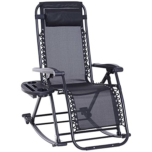 Outsunny Outdoor Rocking Chairs, Foldable Reclining Zero Gravity Lounge Rocker with Pillow, Cup & Phone Holder, Combo Design with Folding Legs, Black - color: Black, size: 1 Pack