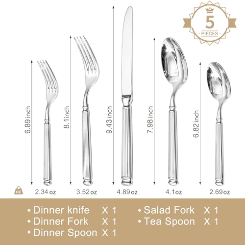 KINGSTONE Silverware Set, 5-Piece 18/10 Stainless Steel Flatware Set - Roman Column Embossed Thick Handle, for Wedding, Home, Restaurant, Kitchen and Party, Mirror Polish & Dishwasher Safe - size: 5-Piece
