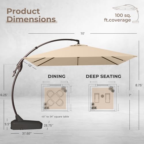 Grand patio 10x10 FT Patio Cantilever Umbrella with Base Outdoor Large Square Tilting Offset Umbrellas for Deck Yard (Champagne, 10x10 FT) - color: Champagne, size: 10X10 FT