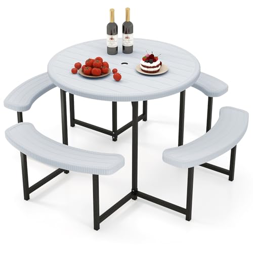 Giantex Picnic Table Bench Set for 4-8 Person, Round 37” Outdoor Dining Table w/Umbrella Hole, HDPE Tabletop, Metal Frame, Patio Furniture Set for Backyard Porch Lawn, 1400lb Capacity (White,Round) - color: White, size: Round-37"x37"x29"