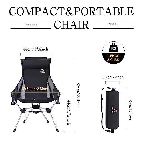 Nice C Ultralight High Back Folding Camping Chair, Collapsible Backpacking Chair, Compact & Heavy Duty Outdoor, Travel, Picnic, Festival with 2 Side Pockets, Pillow &Carry Bag (One Black)
