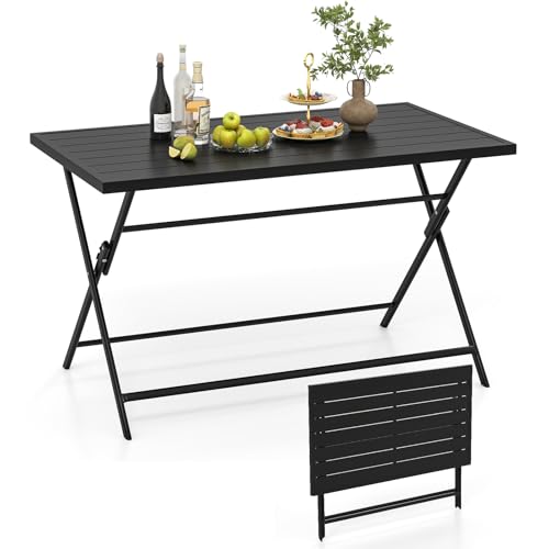 Tangkula 48" Foldable Outdoor Dining Table, Rectangular Metal Patio Table with Slatted Tabletop, Folding Bistro Barbecue Picnic Dinner Table for Indoor Kitchen Outside Garden Backyard Balcony Lawn