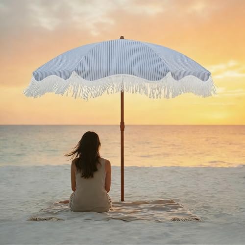 7ft Patio Umbrella with Fringe, Boho Beach Umbrellas, Outdoor Tassels Umbrellas with Push Button Tilt & Carrying Bag, 8 Windproof Fiberglass Ribs, UPF50+ - color: Blue & White Stripe