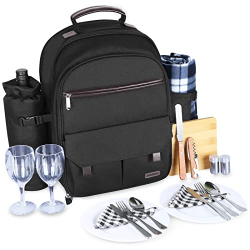 Sunflora Insulated Picnic Backpack for 2 Person Bag with Cooler Compartment, Wine Pouch, Blanket and Stainless Steel Cutlery Set for Couple, Lovers and Friends (Black) - color: Black, size: 2 person