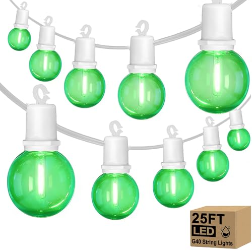 G40 LED St. Patrick's Day String Lights Outdoor, 25Ft St Patricks Decorations Lights Outdoor with Clear Green Round Bulbs, Hanging Patio Lights Shatterproof for Indoor Home Decor Party, White Wire - color: Clear Green, size: 25Ft