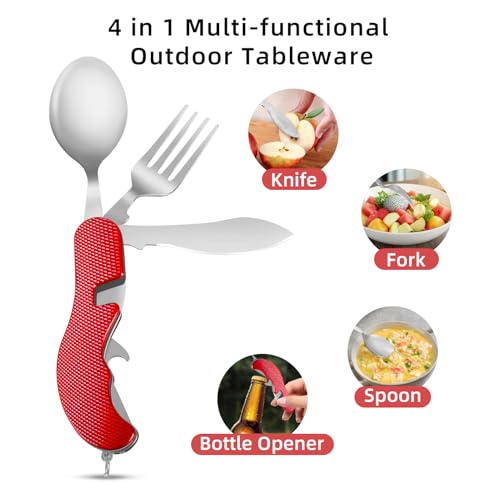 Leeko 4 in 1 Stainless Steel Portable Outdoor Pocket Knife Fork Spoon Diner Set Multi-function Tableware for Camping Hunting - color: Red