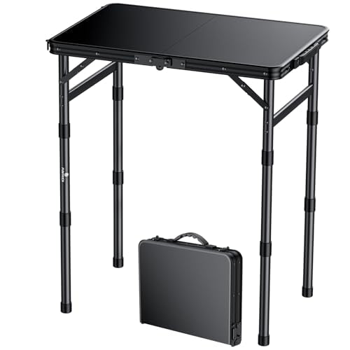 FUNYKICH Camping Table with Waterproof Plastic Tabletop 22.8''x15.7'', 3 Height Adjustable Small Folding Table, Lightweight Portable Picnic Table with Carry Handle for Picnic, Beach, Travel, Black - color: Black