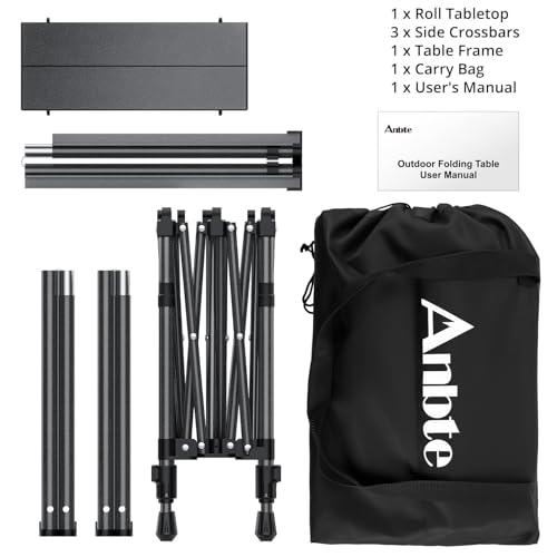Anbte Camping Table Foldable, 2 Height Max 27.5" Aluminum Roll up Camping Table with Carry Bag & Heat-Resistant Tabletop, Lightweight, for Indoor Outdoor RV BBQ Picnic Patio Beach, 26" x 23", Black - size: 67 x 58 x [44/70] cm