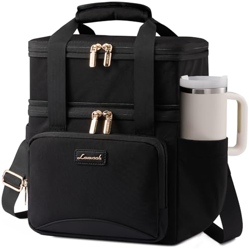 LOVEVOOK Insulated Lunch Bag For Women Men,Expandable Double Deck Lunch Box With Large Cup Holder,Leakproof Cooler Bag For Adult Lunch Tote Bag Work Picnic Beach with Adjustable Shoulder Strap Gift - color: Black with Leather, size: X Large —22l