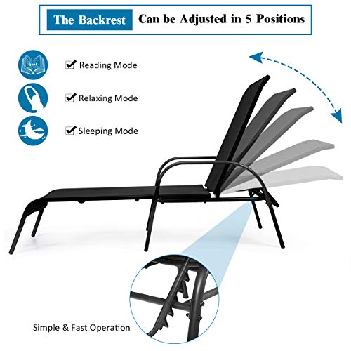 Tangkula Lounge Chair Outdoor, Patio Chaise Lounge with Adjustable Backrest, Reclining Pool Lounge Chair for Outside with Heavy Duty Steel Frame, Suitable for Beach, Yard, Balcony, Poolside - color: Black