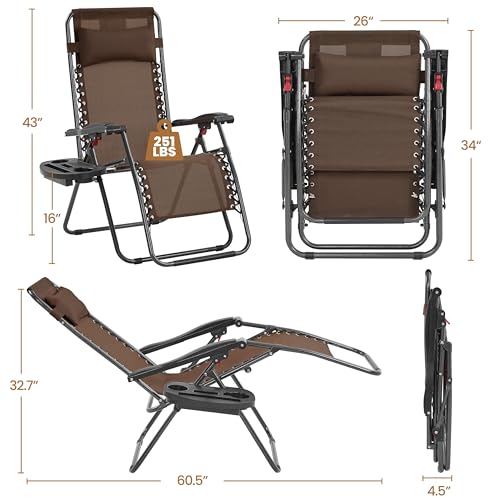Yaheetech 26" Zero Gravity Recliners Outdoor Adjustable Folding Reclining Lounge Chairs w/Pillows, Cup Holder Trays and Carry Strap for Patio Backyard Beach Brown Set of 2 - color: Brown