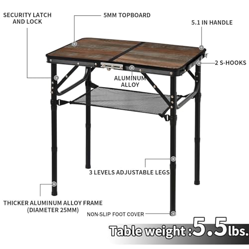 Folding Picnic Table 2ft Portable Camping Table Adjustable Heights Metal Aluminum Lightweight Foldable Small Outdoor Card Table with Carry Handle for Outside Indoor Camp Cooking BBQ Beach - color: Wood Grain