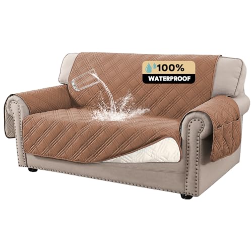 PrinceDeco 100% Waterproof Loveseat Covers for 2 Cushion Couch Sofa Covers Waterproof and Washable Sofa Slipcover with Side Pocket Furniture Protector with Elastic Straps(Loveseat 48", Terracotta) - color: Terracotta, size: Loveseat