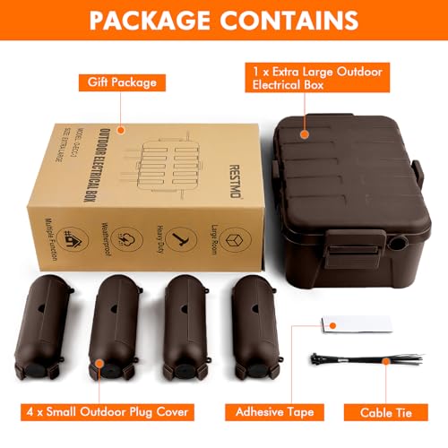 RESTMO 5-Piece Outdoor Waterproof Electrical Box Set – 12.5" x 8.5" x 5" Large & 7.1" x 2.3" x 2.3" Small, Weatherproof Boxes for Power Strip, Outlet, Plug, Socket, Timer, Holiday Light, Brown - color: Brown
