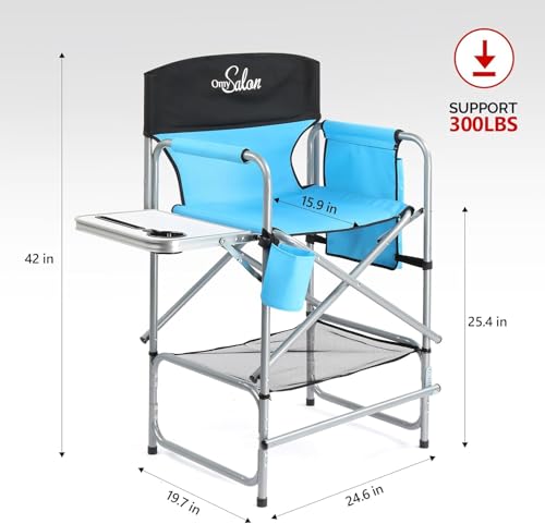 mefeir 26" Extra Tall Director Chair w/Side Table, Heavy-Duty Steel Frame Portable Folding Bar Stool w/Storage Pockets, for Makeup Artist, Salon, Studio, Camping, 300 lbs Capacity (Blue) - color: Black/Blue, size: 31in
