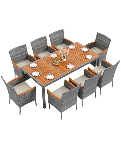 Flamaker 9 Piece Patio Dining Set Outdoor Acacia Wood Table and Chairs with Soft Cushions Wicker Patio Furniture for Deck, Backyard, Garden (Grey) - color: Grey, size: 9 Piece