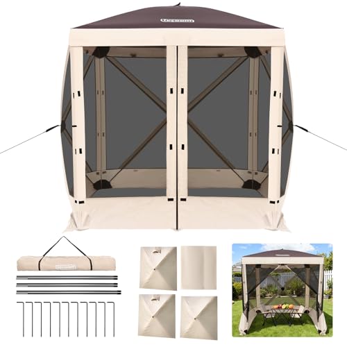 Tecoom 6x6ft 4-Sided Pop Up Gazebo Tent, Canopy Shelter Tent with Mesh Windows for Camping, Portable Shade Tents with Siedwalls, Carrying Bag and Stakes for Outdoor, Garden, Lawn, and Backyard - size: 6x6 Ft