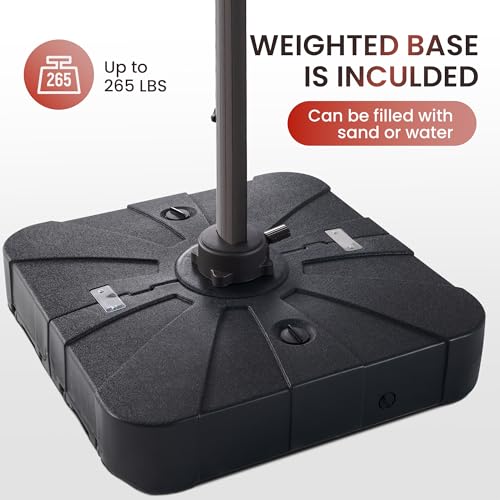 9 X 12 FT Cantilever Patio Umbrella with Led Lights and Base Included Outdoor Heavy Duty Double Top Rectangle Offset Umbrellas with 360-degree Rotation for Pool Deck Backyard, Wine Red - color: Wine Red, size: 9' X12' Weighted Base Included(LED)
