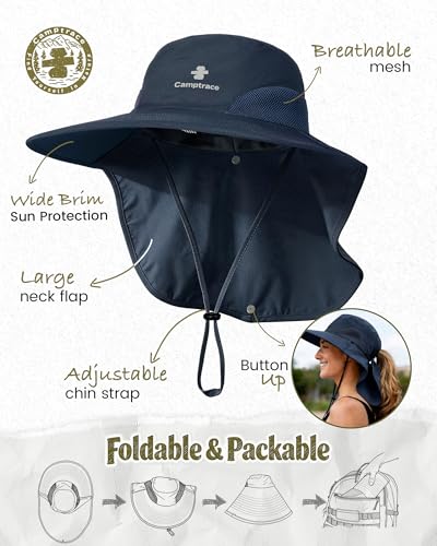 Camptrace Sun Hats for Women Men UPF 50+ UV Protection Wide Brim Hiking Fishing Hat with Neck Flap - color: 06-navy