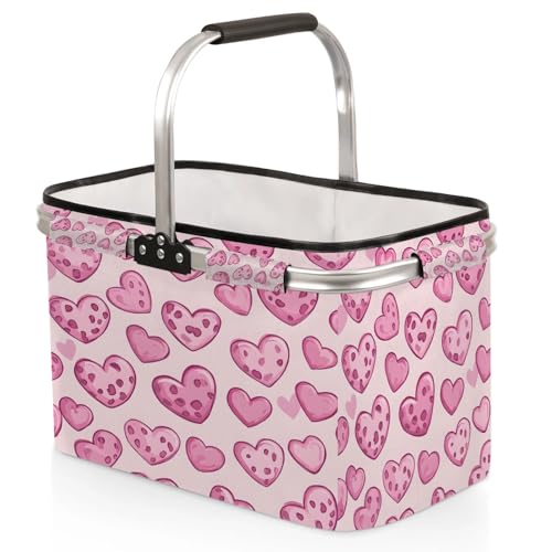 Pink Love Heart Picnic Basket Leopard Large Collapsible Market Baskets Portable Reuasble Shopping Bags with Handles for Camping Beach Travel - color: Ivory