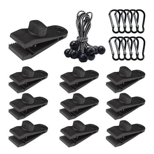 30 Pack Tarp Clips with Bungee Balls & Buckle, Heavy Duty Tarp Tie Downs, Waterproof Lock Grip Tent Clips for Camping, Garden Shade Cloth, Car Cover and Awning, Black - size: 30 PCS