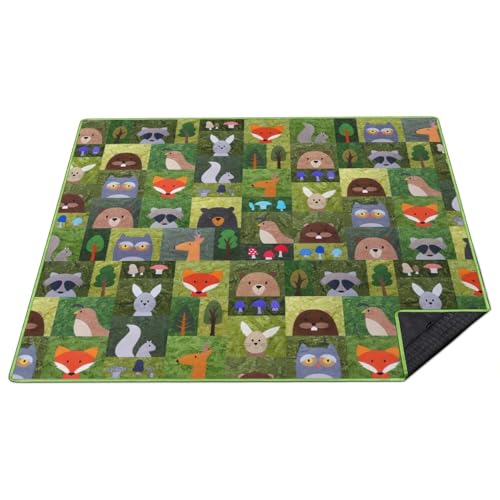 Supfitness Extra Large Picnic Blankets Waterproof Foldable (80 "x 80") Beach Blanket Waterproof Sandproof,3-Layer Thicking Mat Outdoor Packable Camping Blanket - color: Green-animal, size: 6'8" x 6'8" (Square)