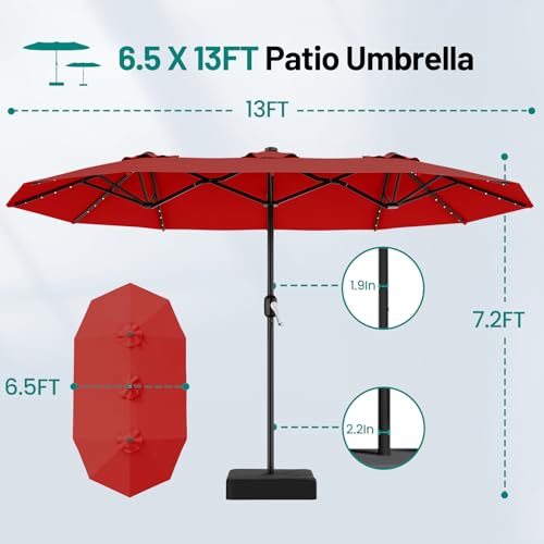 AreShark 13 FT Patio Umbrella with Solar Lights, Double-Sided Outdoor Table Umbrellas with Crank, Large Rectangular Market Umbrella for Porch, Lawn, Pool, Backyard, Red - color: Red, size: 6.5x13 Ft