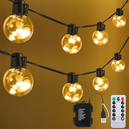 Outdoor String Lights Battery Operated, 22ft 20 G40 Warm White LED Bulbs Hanging Lights Dimmable with Timer, IP65 Waterproof & Globe Bulb Shatterproof for Indoor Patio Backyard Balcony Decor - color: White, size: 22ft