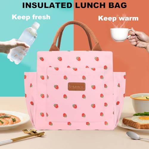 Joymee Lunch Bag Women Insulated Lunch Box Reusable Leakproof Large Spacious Cooler Tote for Women Men Adult with Bottle Holder and Side Pockets for Work Office Travel Picnic - Strawberry Pink - color: 04 Strawberry Pink