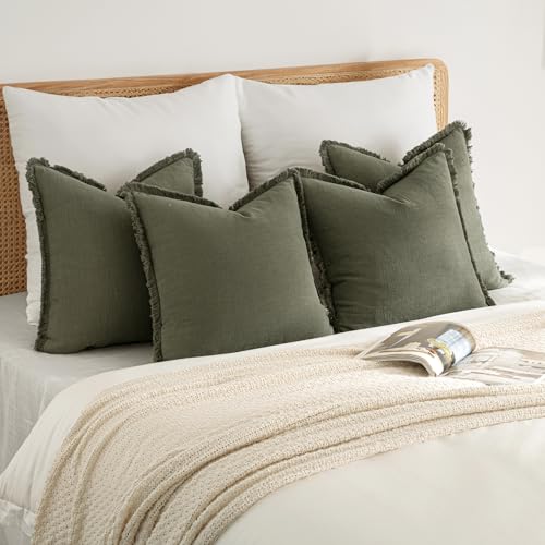 MIULEE Decorative Couch Pillow Covers Neutral Linen Fringe Throw Pillows Set of 4 Boho Farmhouse Cushions Soft Accent Pillowcases for Bed Couch Sofa Living Room Spring Decor 18x18 Inch Olive Green - color: Olive Green, size: 18" x 18" (Pack of 4)