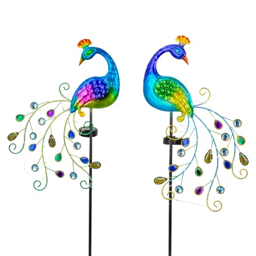 DREAMSOUL 2 Pack Peacock Solar Lights Outdoor, Waterproof Metal Peacock Outdoor Solar Lights for Yards Pathway Lawn Decoration Peacock Gifts - color: Colorful-2pack