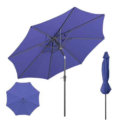 Outdoor Patio Umbrella with One Push Button Tilt and Crank, 8 Sturdy Ribs Market Table Umbrella - color: Blue-Steel Ribs, size: 9FT