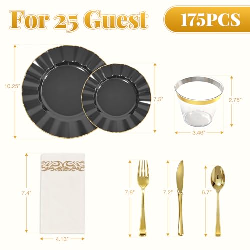 175 Plastic Dinnerware Set Party Supplies Disposable Dinnerware for 25 Guests Include 50 Plastic Plates,25 Silverware Set 25 Cups 25 Napkins Plastic Plates for Graduation Party Wedding（Black and Gold） - color: Black