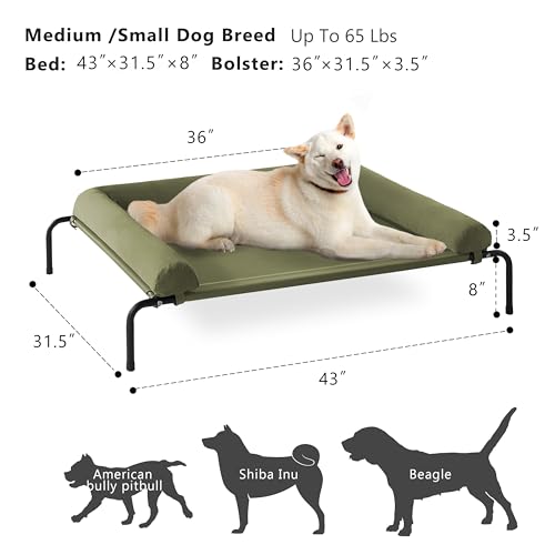 Cooling Elevated Dog Bed for Large Dogs, Outdoor Raised Dog Beds Portable Dogs Cot Bed W/Breathable Mesh, Pet Cots W/Removable Waterproof Bolster - color: Green, size: 43.0"L x 31.0"W x 8.0"Th