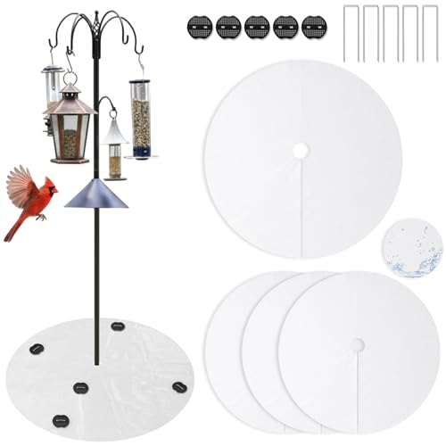Tinideya 4 Pcs PVC Shepherd's Hook Bird Droppings Mat 47.24" Round Bird Feeder Mat with 8 Ground Spikes Intercepts Birds Droppings Spilled Feed for Protect Lawns Garden