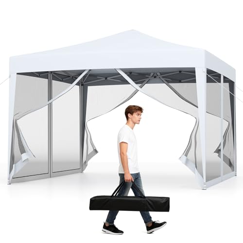 Tangkula 10x10 Ft Pop Up Canopy with Netting, Easy Up Outdoor Tent with Mesh Sidewalls, Carrying Bag, Adjustable Height, Portable Canopy Tent for Parties Events Camping Travel - color: White
