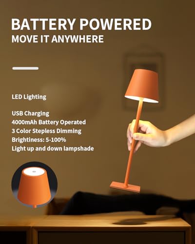 KDG 2 Pack Cordless Table Lamp,Portable LED Desk Lamp, 4000mAh Battery Operated, 3 Color Stepless Dimming Up, for Restaurant/Bedroom/Bars/Outdoor Party/Camping/Coffee Shop Night Light(Orange) - color: Orange-2