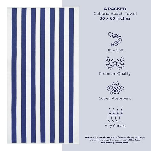 American Soft Linen Cabana Striped Beach Towels, 30x60 inch 4 Piece Oversize Pool Towels, Quick Drying Sand Free Swim Towels, Navy Blue - color: Navy Blue
