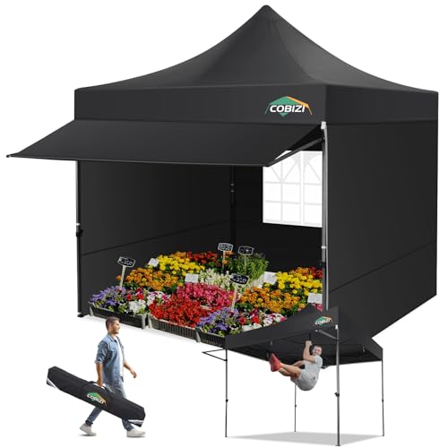 COBIZI 10x10 Pop Up Canopy Tent with Awning & Sidewalls, Heavy Duty Commercial 10X10 Canopy Tents Instant Waterproof, UPF 50+ Sun Shade for Outdoor, Parties, Markets (Black) - color: Black, size: 10x10FT with 3 Sidewalls & 1 Awning Cloth