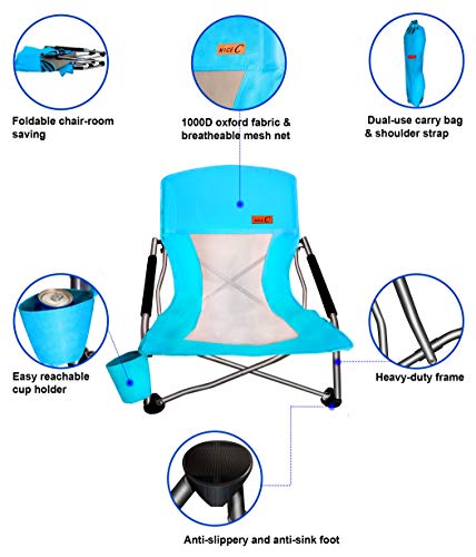 Nice C Low Beach Camping Folding Chair, Ultralight Backpacking Chair with Cup Holder & Carry Bag Compact & Heavy Duty Outdoor, Camping, BBQ, Beach, Travel, Picnic, Festival (Set of 1 Blue) - color: Sky Blue