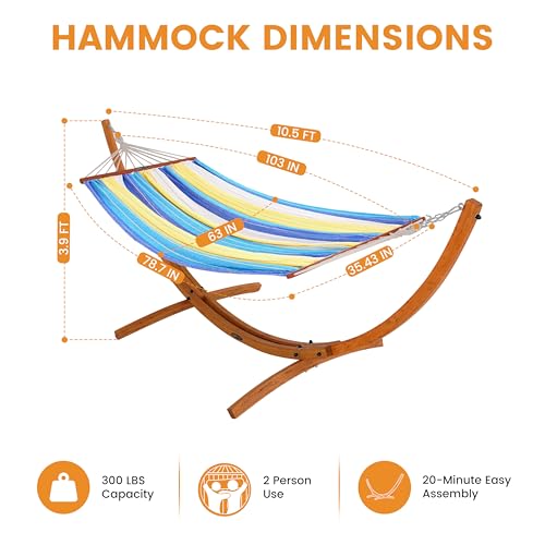 Lazy Daze Hammocks Cotton Fabric Spreader Bar Hammock and 10.5 Ft Wood Arc Hammock Stand Combo, for Outdoor, Indoor, Patio, Backyard, Blue and Yellow - color: Blue and Yellow