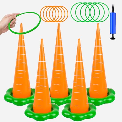 5 Pack Easter Inflatable Ring Toss Game, Outdoor Easter Games Set with 10 Plastic Rings and Pump, Family Carnival Party Favors Supplies