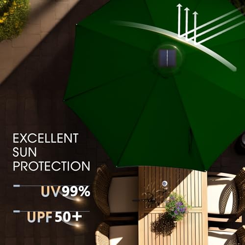 wikiwiki 9FT Solar Led Patio Umbrella with Base Included, 32 LED Lights, 8 Sturdy Ribs, Fade Resistant Waterproof POLYESTER DTY Canopy for Garden, Lawn, Deck, Backyard & Pool, Dark Green - color: Dark Green, size: 9FT