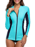 ATTRACO Women's Rashguard Swimsuit Zip Front Sun Protection Swim Shirt UPF 50+ - color: Aqua, size: Large