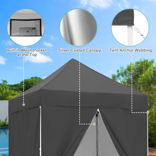5x5 Pop Up Canopy Tent with Four Sidewalls, Instant Portable Beach Canopy, Outdoor Tent with Carry Bag for Camping, Sports, Tailgating, Events, Gray - color: Gray, size: With Four Walls