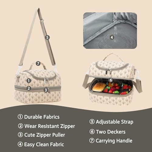 Insulated Kids Dual Compartment Lunch Bags Tote for Girls Boys Toddler Lunch Boxes Pre-School Toddler Kindergarten Picnic Camp Food Cooler Thermal with Strap (Z Beige) - color: Z Beige