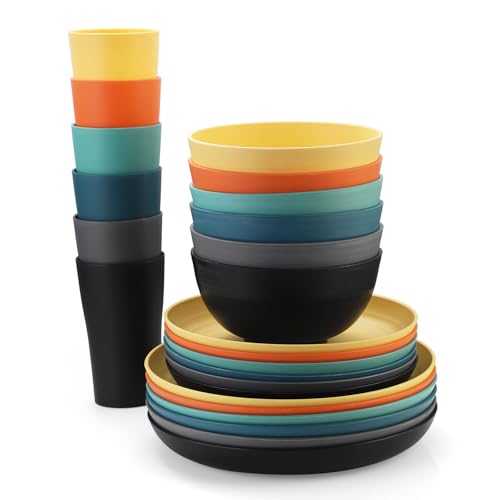 Wheat Straw Dinnerware Sets - SANLUNS 24 Piece Unbreakable Dinnerware Sets, Reusable Wheat Straw Plates and Bowls Sets, Travel Camping Cutlery Set, Dishwasher Microwave Safe Dinnerware Colourful - color: Forest Undercurrent, size: 24piece Wheat Straw Dinn