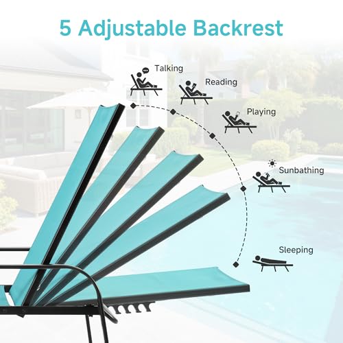 DUMOS Outdoor Lounge Chaise, 5-Position Chaise Lounge with Armrests, Sun Tanning Chair 350 lbs Heavy Duty Patio Pool Chair, Waterproof Sun Lounger for Deck, Backyard, Beach, Cyan - color: Cyan