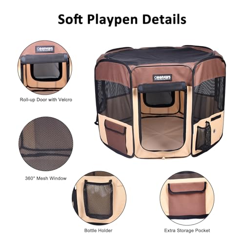 JESPET Pet Dog Playpens 36", 45" & 61" Portable Soft Dog Exercise Pen Kennel with Carry Bag for Puppy Cats Kittens Rabbits, Indoor/Outdoor Use - color: Brown, style: 36x36x24 Inch (Pack of 1)